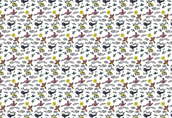 Artistic background design pattern depicting birds, cloud and sun habitat, symbol of natural beauty, suitable for World Bird Day celebration design with minimalist pastel color nuances