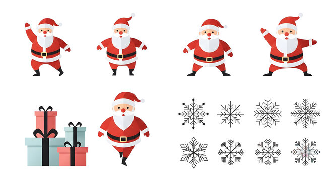 Set of various santa claus characters in different poses with christmas gifts and snowflakes on white background
