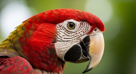 Fototapeta premium Closeup side profile of a colorful macaw with red green and yellow feathers