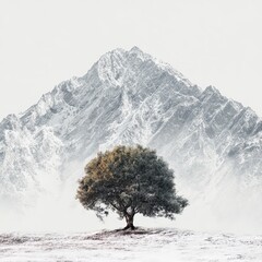 Majestic Mountain and Solitary Tree: A solitary tree stands tall against a backdrop of a snow-covered mountain.