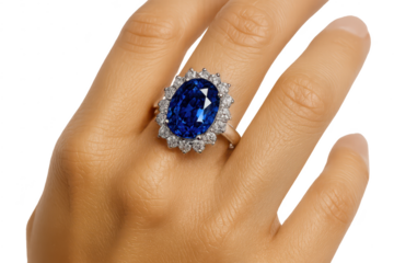 Luxurious blue sapphire and diamond ring on hand, transparent background