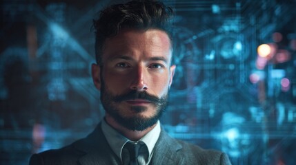 Confident man with beard and mustache wearing a suit against a futuristic blue digital interface
