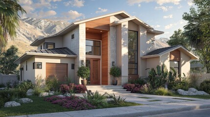Fototapeta premium Modern beige house with stone accents and large windows surrounded by lush landscaping and distant mountains