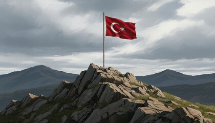 Turkish Flag on Rocky Summit: A majestic Turkish flag proudly waves atop a rugged, rocky summit, against a dramatic backdrop of a cloudy sky and distant mountains, showcasing national pride.