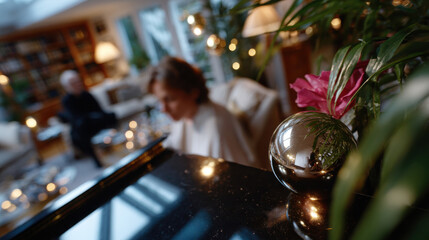 An intimate social scene in a cozy setting featuring elegant decor and soft lighting, conveying warmth, comfort, and a rich cultural atmosphere emphasizing human connection.