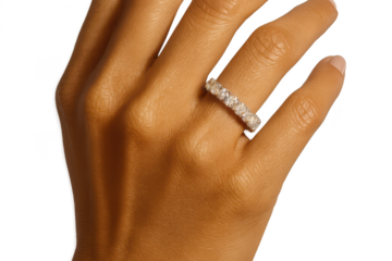 Isolated female hand with sparkling diamond ring, transparent background.