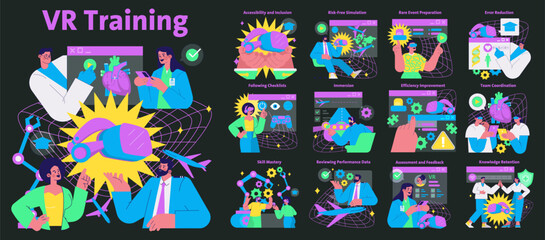 VR Training Benefits Vector Illustration with People