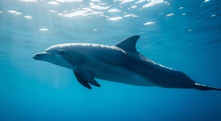 Naklejka premium Dolphin swims in bright blue ocean water with sun rays