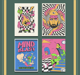 retro 90s psychedelic posters with surreal cartoon style, vector illustration