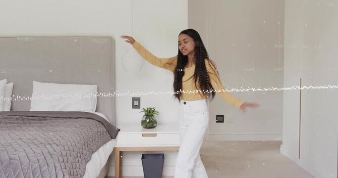 Woman entering doorway and dancing across bedroom, with audio waveform syncing movements to music