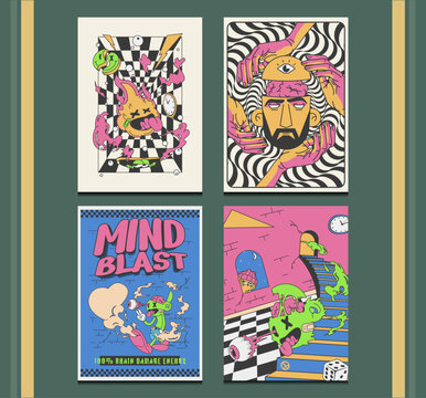 retro 90s psychedelic posters with surreal cartoon style, vector illustration
