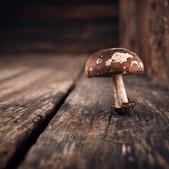 Rustic Mushroom: A solitary, earthy mushroom thrives on a weathered, textured wooden surface, embodying the serenity of nature's simple beauty.