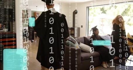 Grads entering passing sofa exchanging items for graduation settling binary overlay tracking hands