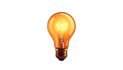 Glowing, stylized lightbulb, centered against a stark black background, showcasing illuminated filament