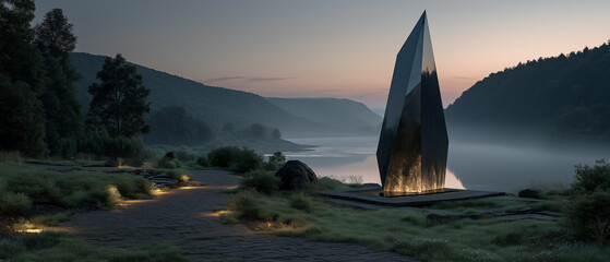 Futuristic Black Obelisk Monument Illuminated on a Grassy Shore at Twilight in a Misty Mountain Landscape