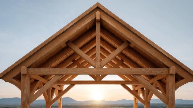 Beautiful wooden structure with intricate roof design against a sunset over mountains and sky background 4k video footage