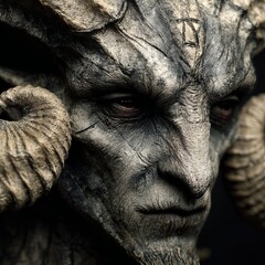 Mystical Creature with Intricate Details: A close-up portrait of a creature with intricately sculpted horns and a textured, aged face evokes a sense of ancient mystery and power.