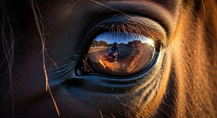 Extreme closeup of a horses eye reflecting a person