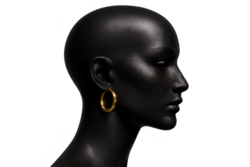 Black mannequin head with golden hoop earring, isolated on transparent background