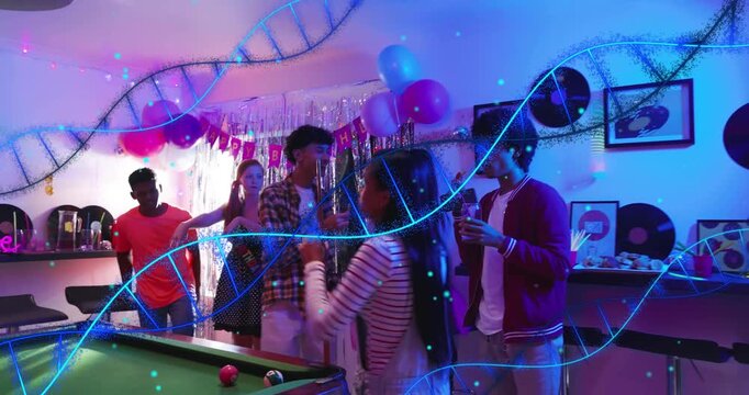 Guest shooting from left edge, friends gathering at pool for birthday, neon overlaying guests