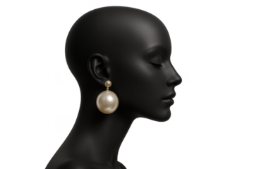 Elegant pearl earring on isolated black mannequin head, transparent background