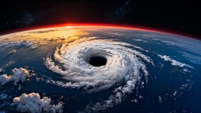 Hurricane vortex over Earth appears as a vast swirling cloud spiral with a deep central eye near the sunrise terminator, offering a sense of scale and expansive dark sky space available for text or de