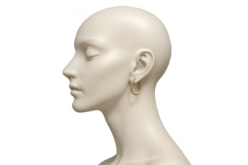 3D render of a female mannequin head wearing a hoop earring, transparent background.