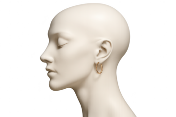 Mannequin head with gold hoop earring, minimalist jewelry on transparent background