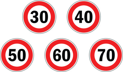 Set of speed limit signs. Road speed from 30-70kmh and no speed limit. Generic speed limit sign with red circle and black number. Road speed limit warnings. Depicting speed limits ranging.