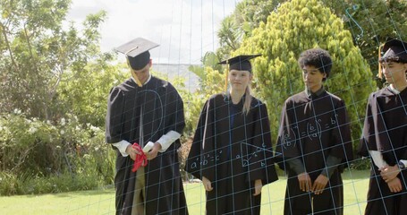 Central grad stepping forward on cue for graduation while male holding ribbon, blue grid overlaying