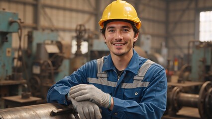 Portrait of a smiling factory worker wearing a hard hat. Confident male industrial engineer posing in a manufacturing plant. Professional blue-collar technician in uniform