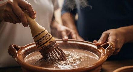 Two hands mixing chocolate in traditional pottery bowl  