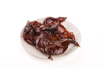 Roasted Quail with Soy Sauce Ready to Eat - Gourmet Asian Cuisine on White Plate