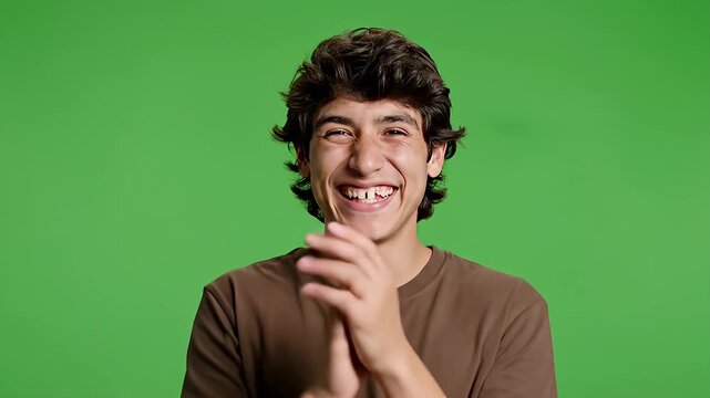 Joyful young man laughing and clapping on green screen Happy male teenager with a gap tooth smiling widely and applauding in front of a chroma key background