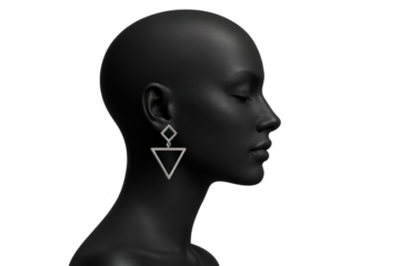 Elegant silver geometric earring on black mannequin, clean transparent background.