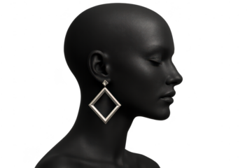 Elegant silver rhombus earring on a dark mannequin, transparent background