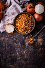 Bowl with chopped fried crispy onions