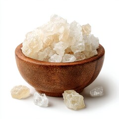 Rock Candy in Wooden Bowl: A close-up shot of rock candy crystallized sugar presented in a rustic wooden bowl, with individual pieces scattered around. The image captures the texture, color.