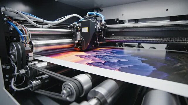 Large format industrial printer printing colorful landscape image on paper