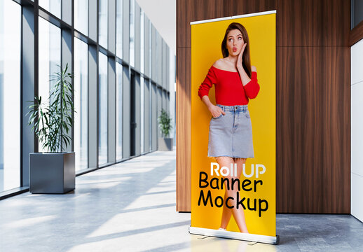 Roll Up Banner Mockup in Office Lobby