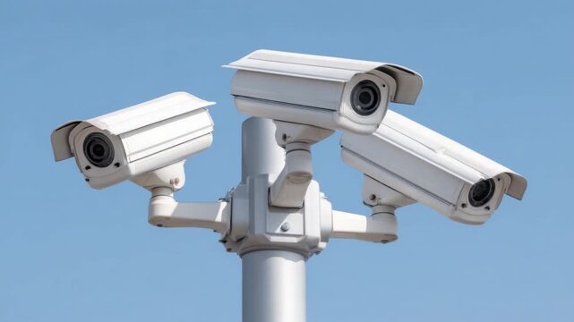 Surveillance Cameras on Pole Against Clear Blue Sky for Security Monitoring and Safety Implementation 4k video footage