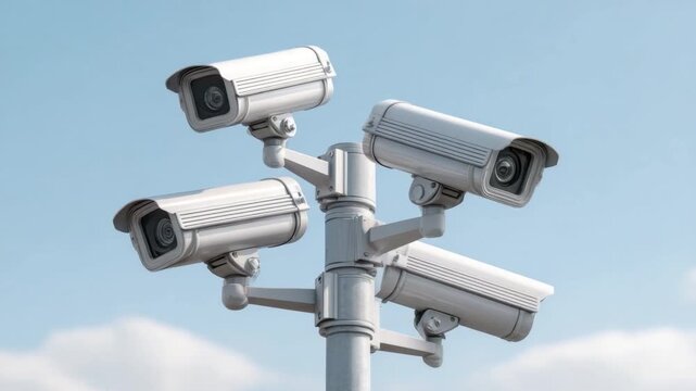Surveillance cameras mounted on a pole against a clear blue sky, capturing security and safety measures in urban environments 4k video footage
