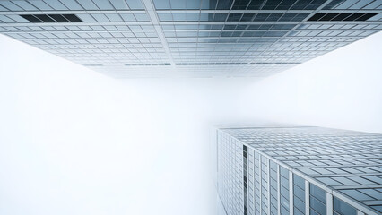 Modern glass skyscrapers viewed from below disappearing into a foggy overcast sky symbolizing urban ambition and corporate growth