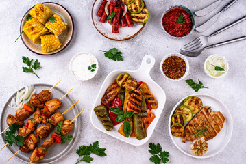 Assortment of grilled bbq meat and vegetables