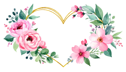 Watercolor heart frame, gold outline, surrounded by pink flowers & green leaves, black bg