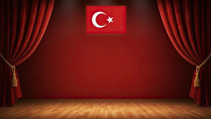 Turkish Stage: A dramatic stage scene dominated by a vibrant red backdrop, a traditional Turkish flag centered above. Two opulent curtains frame the stage.