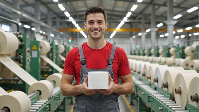 Smiling male worker holding a roll of toilet paper in a factory. Proud employee on a paper manufacturing production line