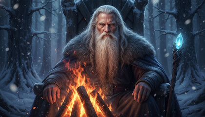 Gray-haired old man in a calm magical mood sitting by the fire of the twelve months against a snowy forest background