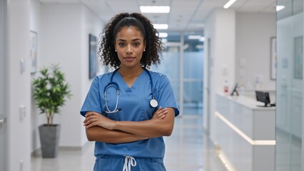 Confident black female doctor in blue scrubs posing in a hospital corridor. Portrait of a young african american nurse with a stethoscope and arms crossed. Healthcare and medicine professional
