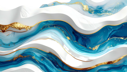 Abstract flowing design of white, blue, and gold wave-like shapes